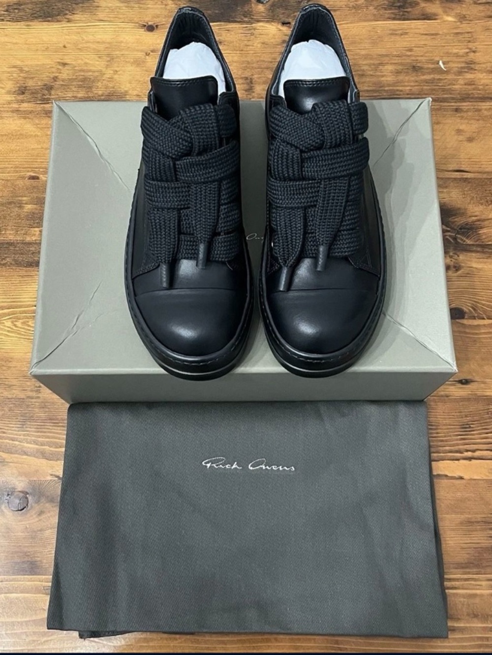 Rick Owens Black Leather Low-Top Sneakers with Braided Laces